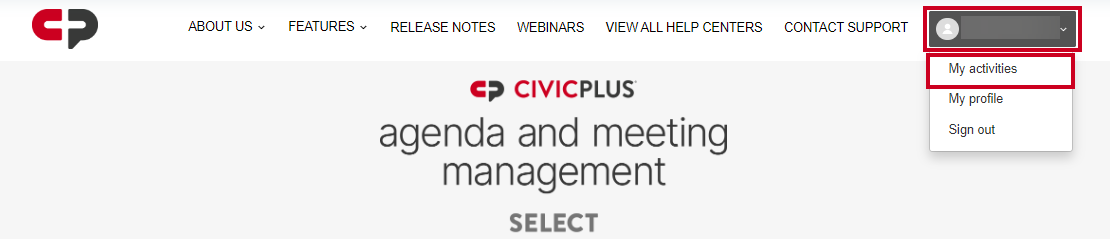 The Help Center profile icon and dropdown menu with the My Activities option highlighted.
