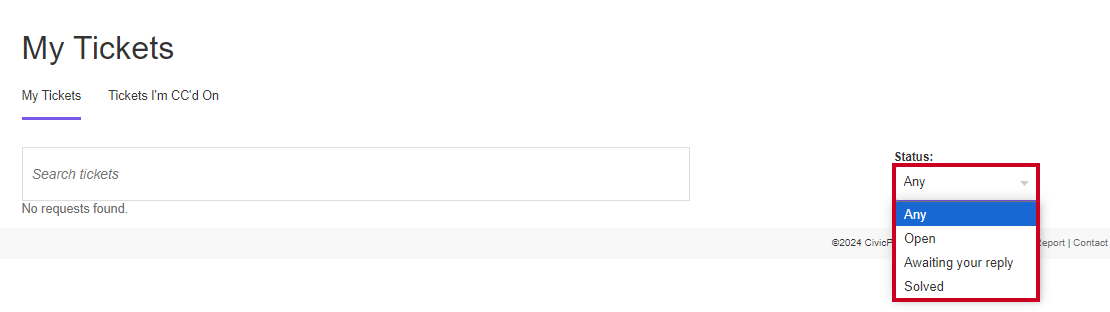 The Status dropdown list on the My Tickets tab.