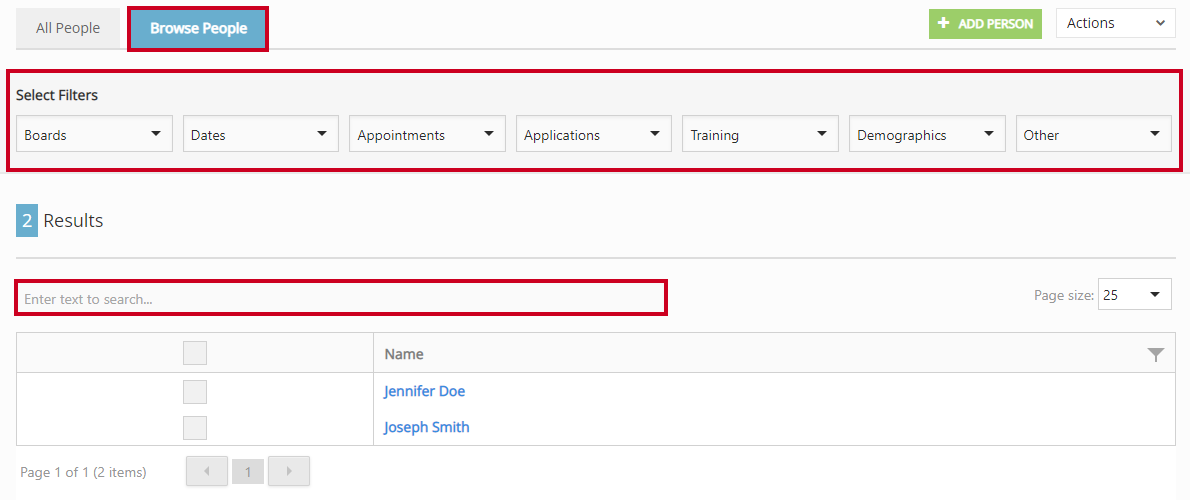 search box and browse people tab