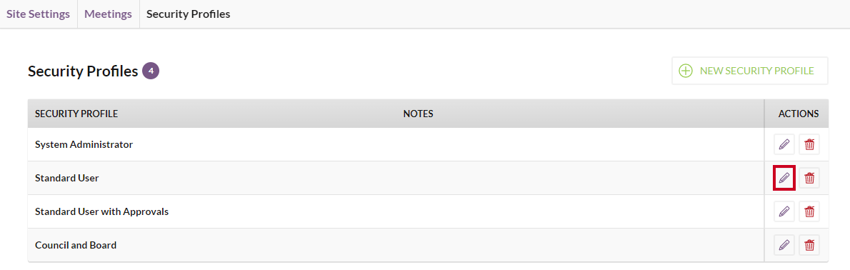 The Edit button under the Actions column for an example Meetings Security Profile.