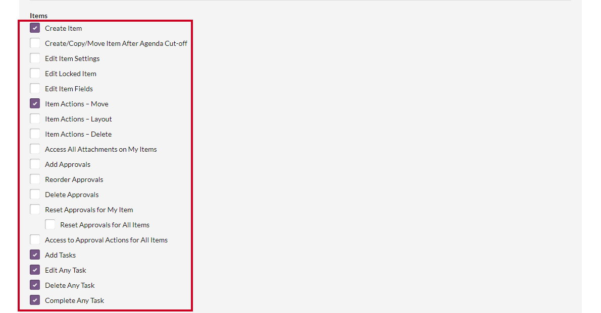 Item actions checkboxes that can be checked to grant item permissions to users with the associated Meetings Security Profile.