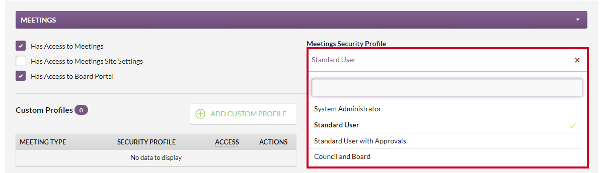The Meetings Security Profile dropdown list.