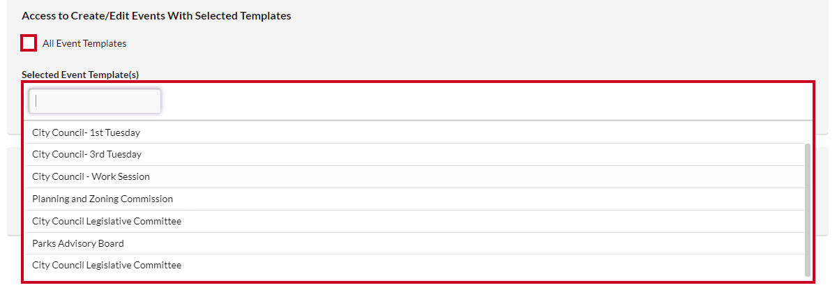 The Selected Event Template(s) dropdown list.