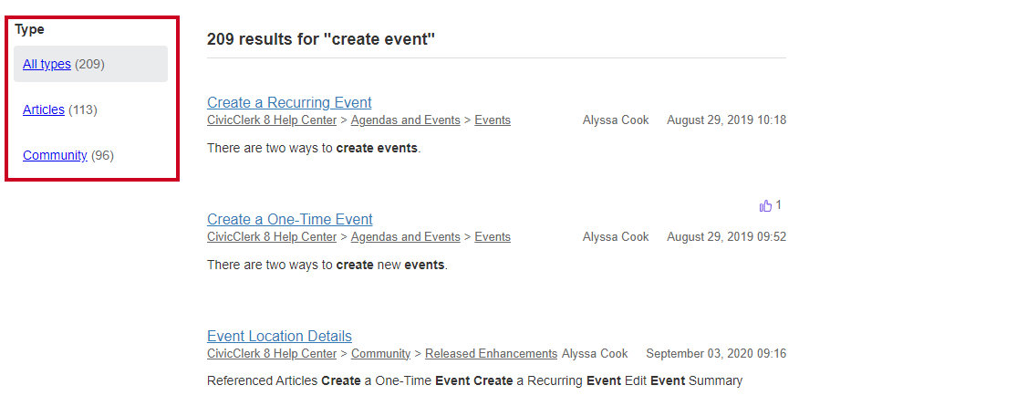 Search filters in the left sidebar.
