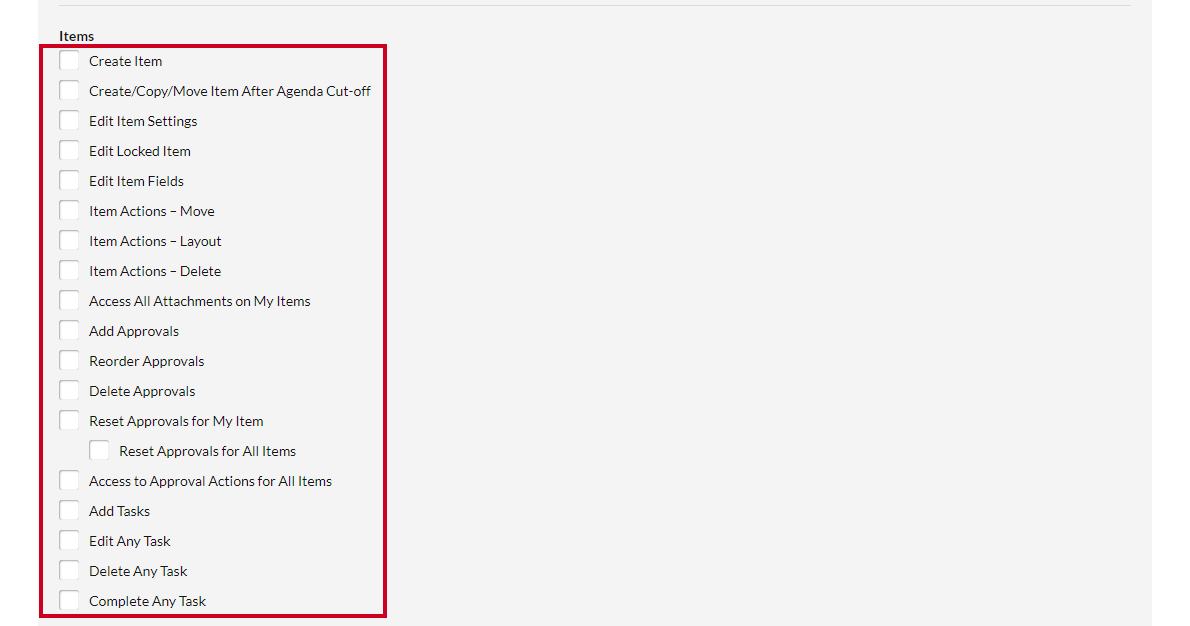 Item actions checkboxes that can be checked to grant item permissions to users with the associated Meetings Security Profile.