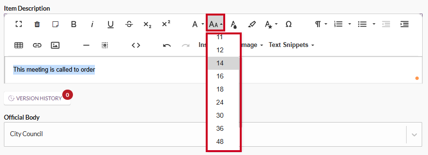 text editor font size tool