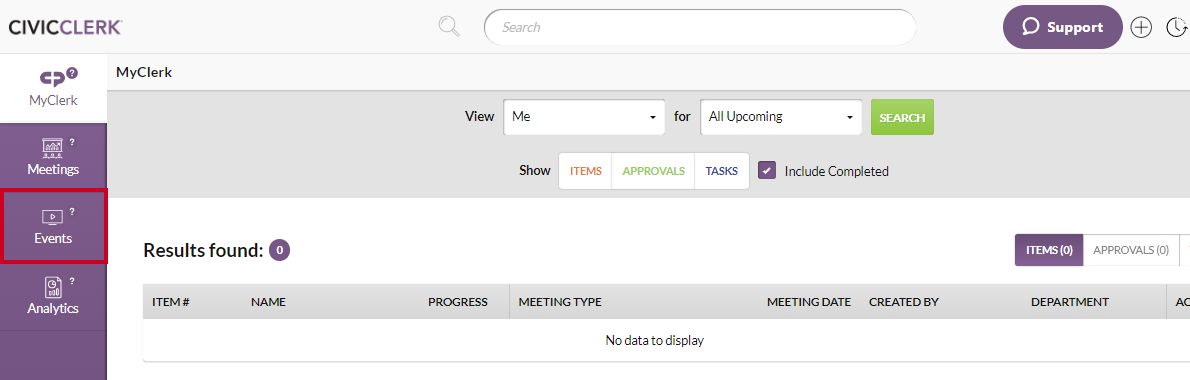 left menu, events module option
