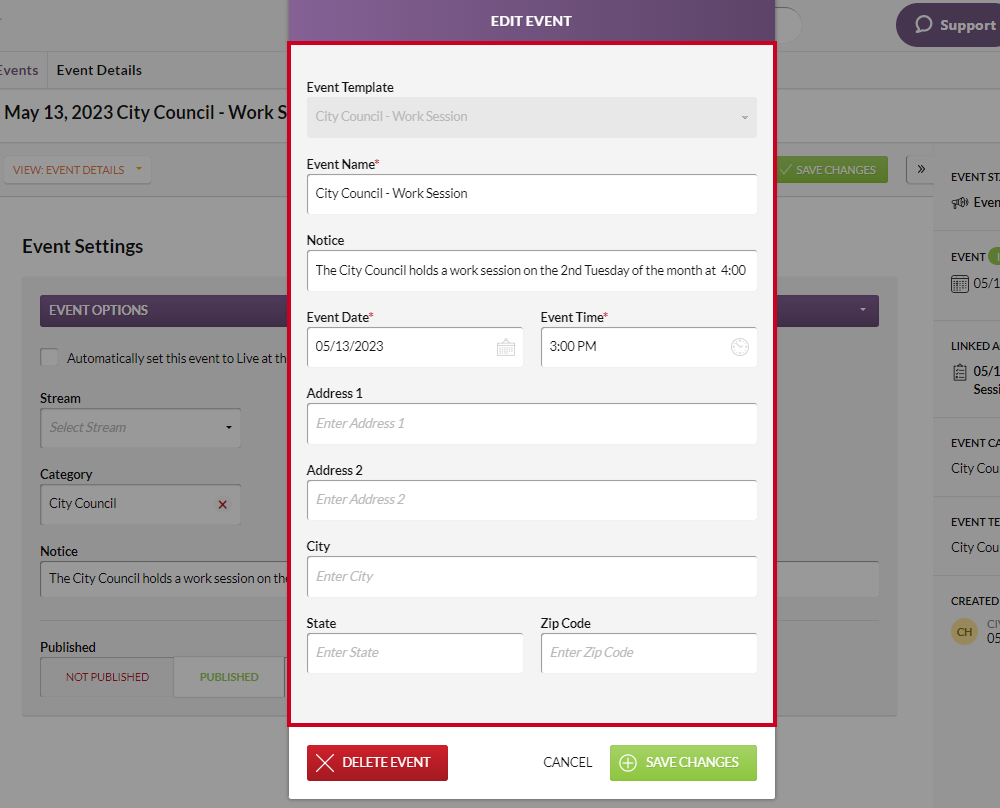 edit event pop-up fields