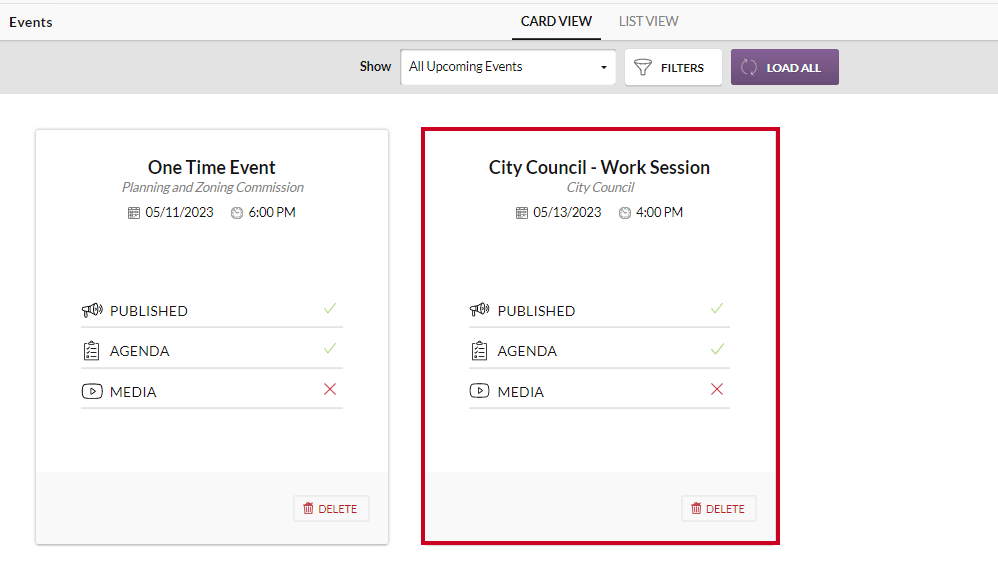 highlighted event in events list