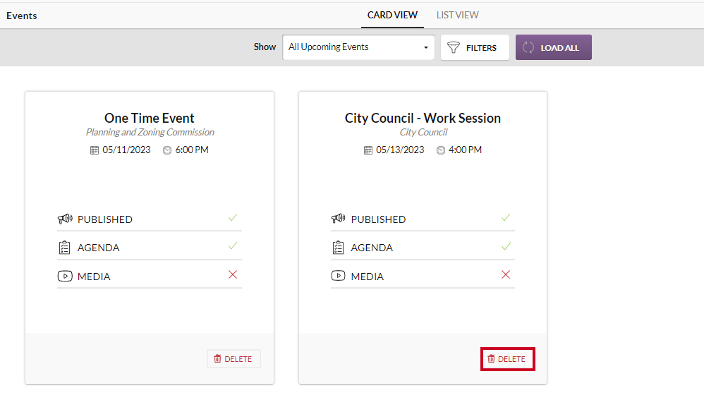 delete button on event card