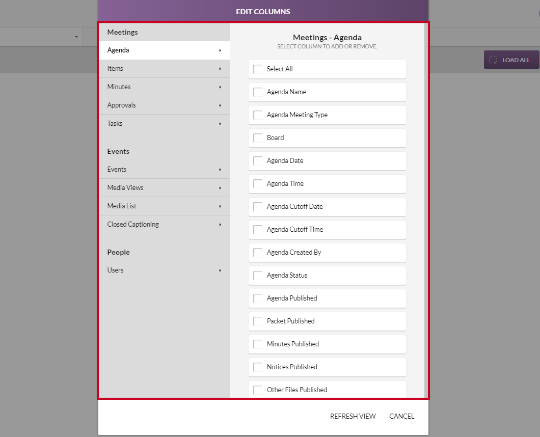 The Edit Data Field Columns modal.