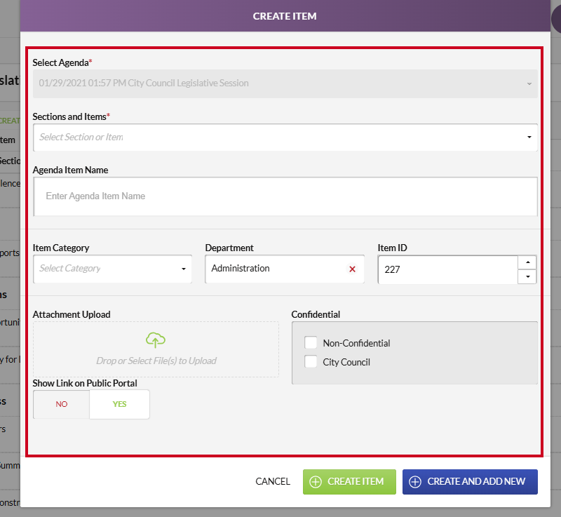 The Create Item modal information fields.