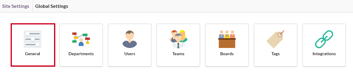 The General tile with a three-slider icon on the Global Settings page.
