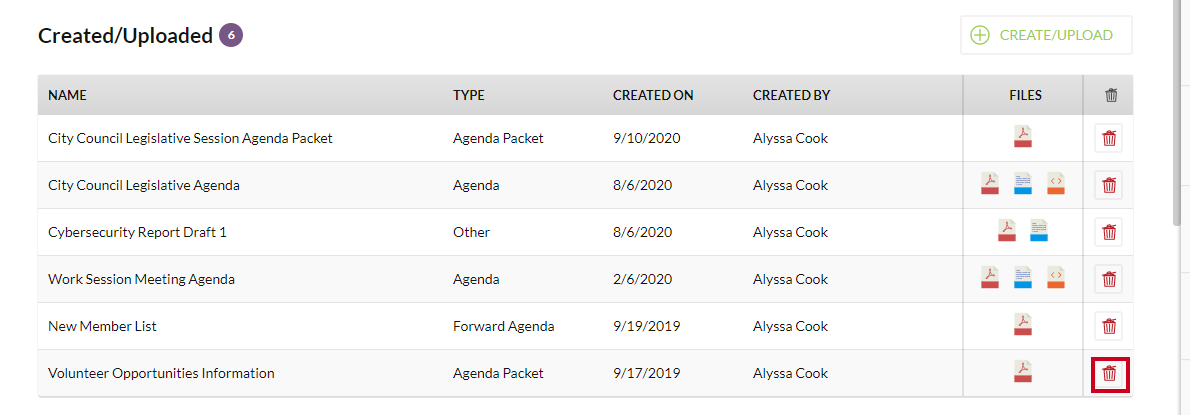 The Delete button for an example agenda file.