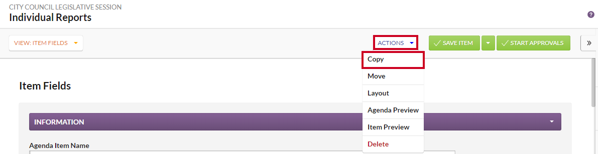 The Actions menu with the Copy option highlighted.