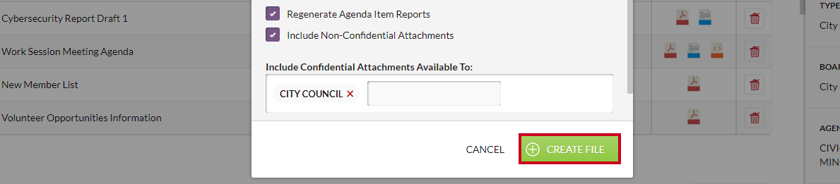 create file button for agenda packet