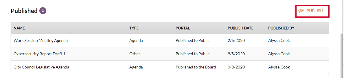 An organge and white Publish button with a megaphone icon in the Published section of the Agenda Files page.