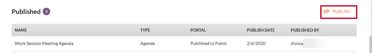 An organge and white Publish button with a megaphone icon in the Published section of the Agenda Files page.