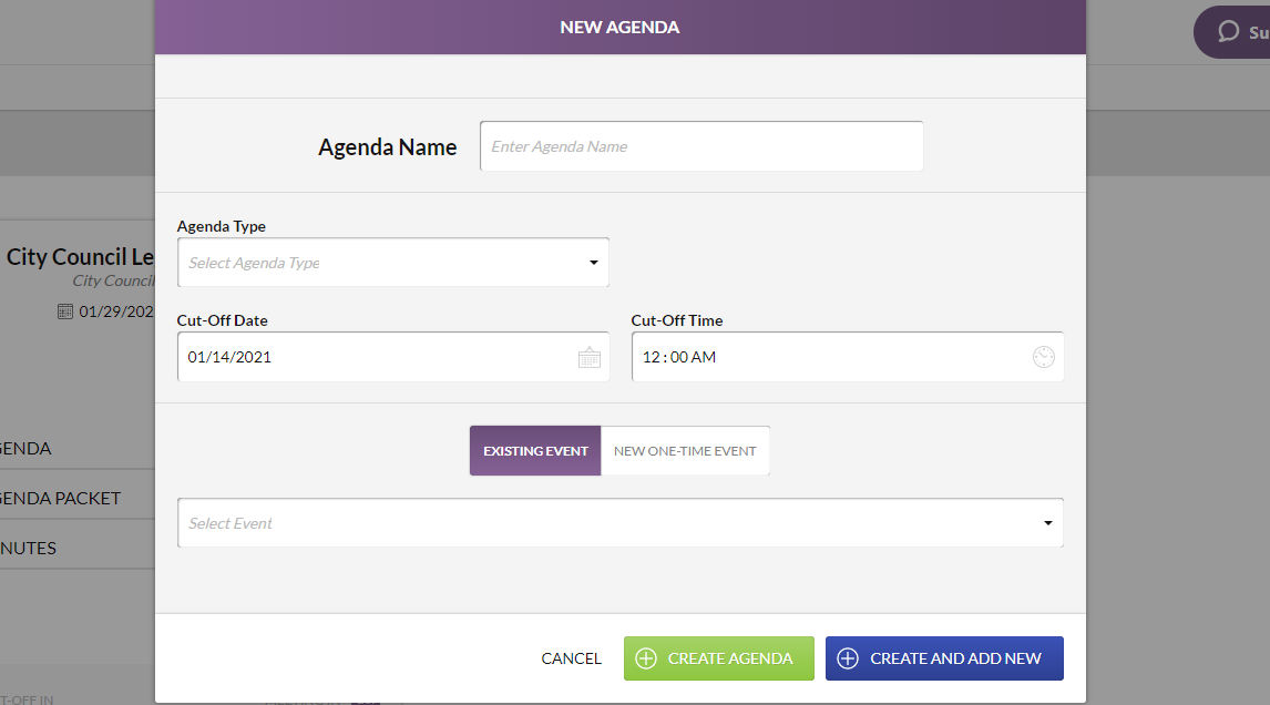 Fields on the New Agenda dialog box.
