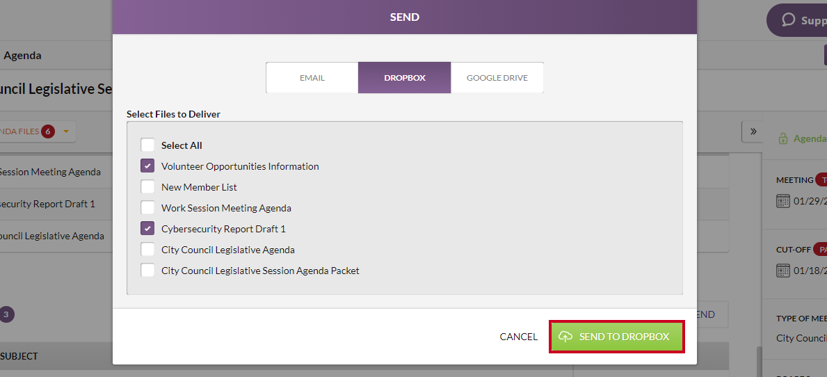The green, rectangular Send to Dropbox button in the lower-right corner of the Send modal.