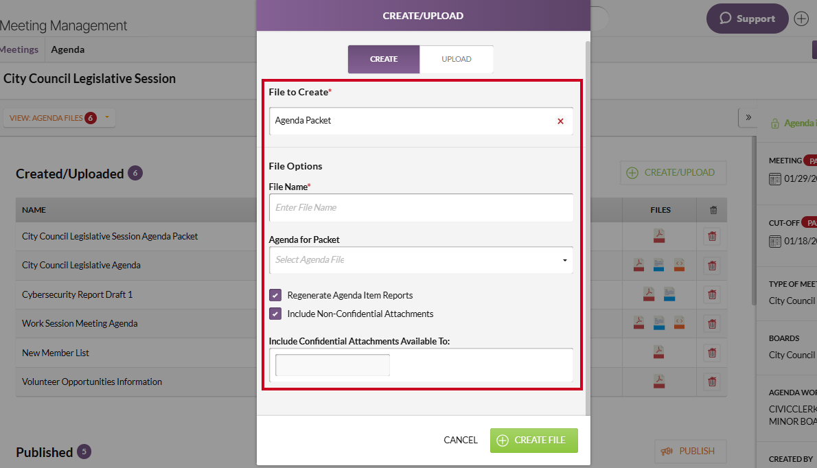 The information fields that appear when Agenda Packet is selected in the File to Create field.