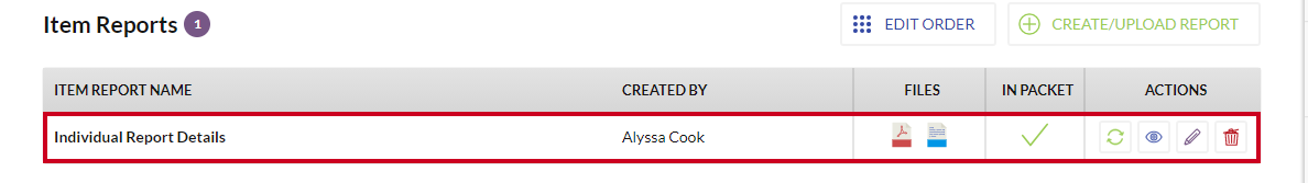 An example item report on Item Files page.