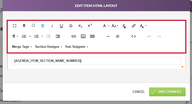 The Edit Layout modal's text and paragraph tools.