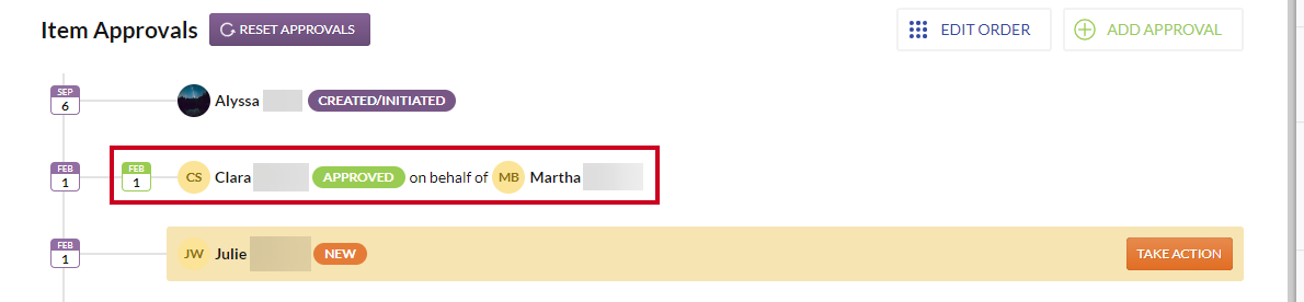 An example approval within the Item Approvals section of the Item Timeline.
