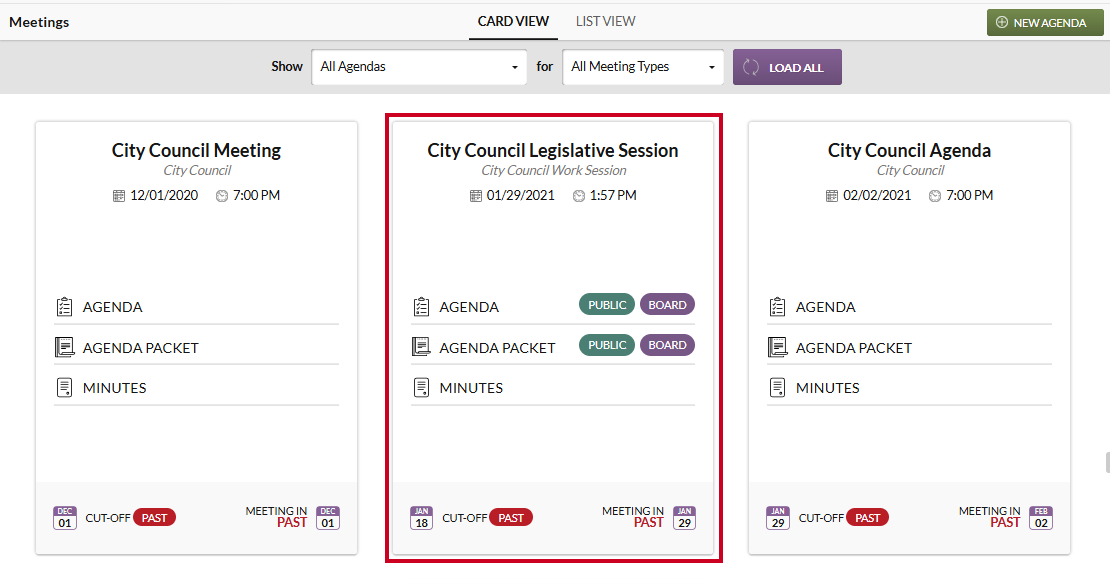 An example agenda tile in the Meetings module.