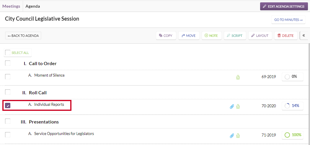 A checkbox to the left of an example agenda item.