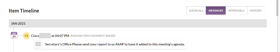 An example message within the Item Timeline.