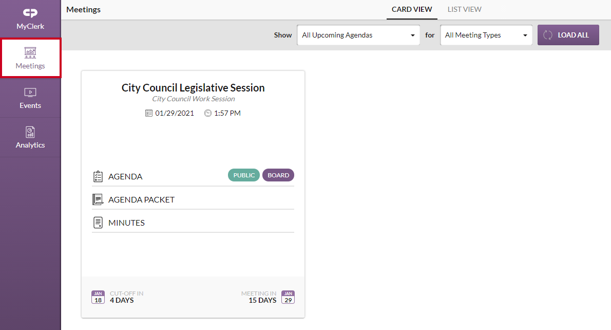 left-hand menu, meetings module