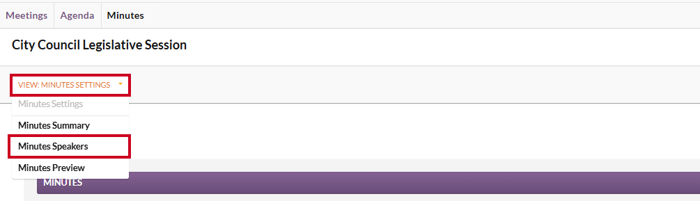 The View menu with the Minutes Speakers option highlighted.