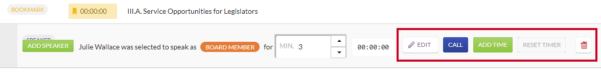 The Edit, Call, Add Time, Reset Time, and Trash Can options.