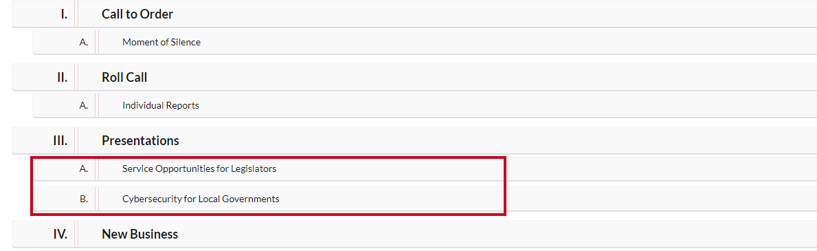 Example items with a new placement on the Minutes Reorder page.