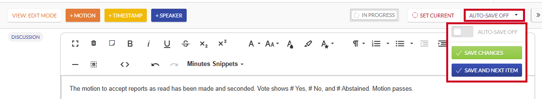 The Auto Save button and dropdown with the Save Changes and Save and Next Item buttons.