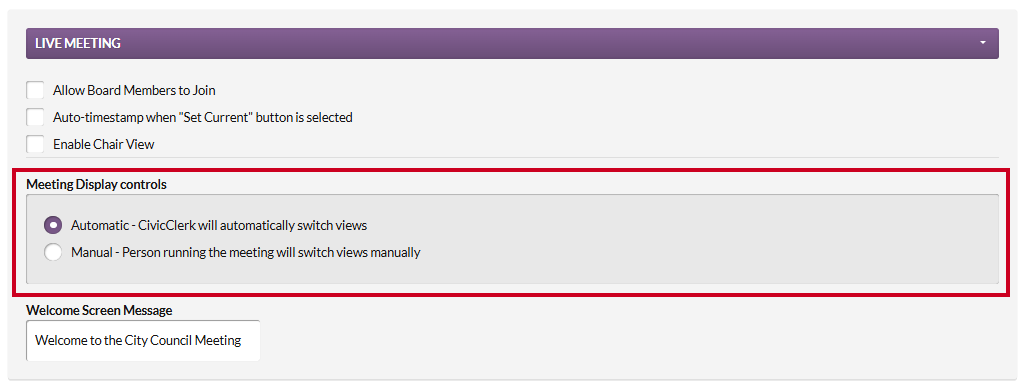 The Meeting Display controls options in the Live Meeting section of the Minutes Settings page.