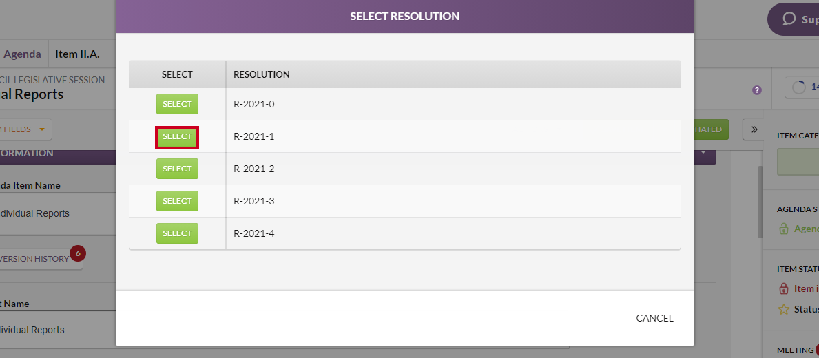 The Select button next to a list of resolution numbers.