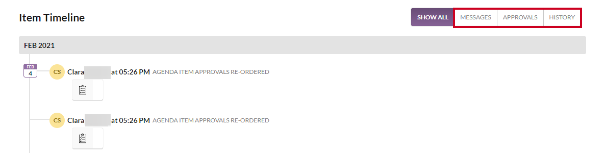 The Item Timeline's filter buttons.