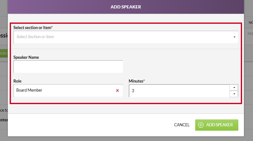 Information fields on the Add Speaker modal.