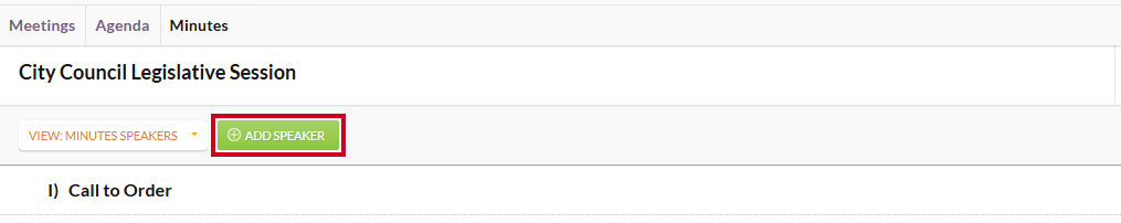 The green, rectangular Add Speaker button below the meeting name.