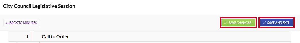 The green, rectangular Save Changes button and the blue, rectangular Save and Exit button which appear to the right of the agenda name.