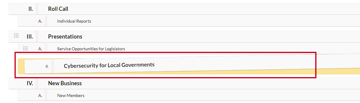 An example agenda item being dragged and dropped into place.