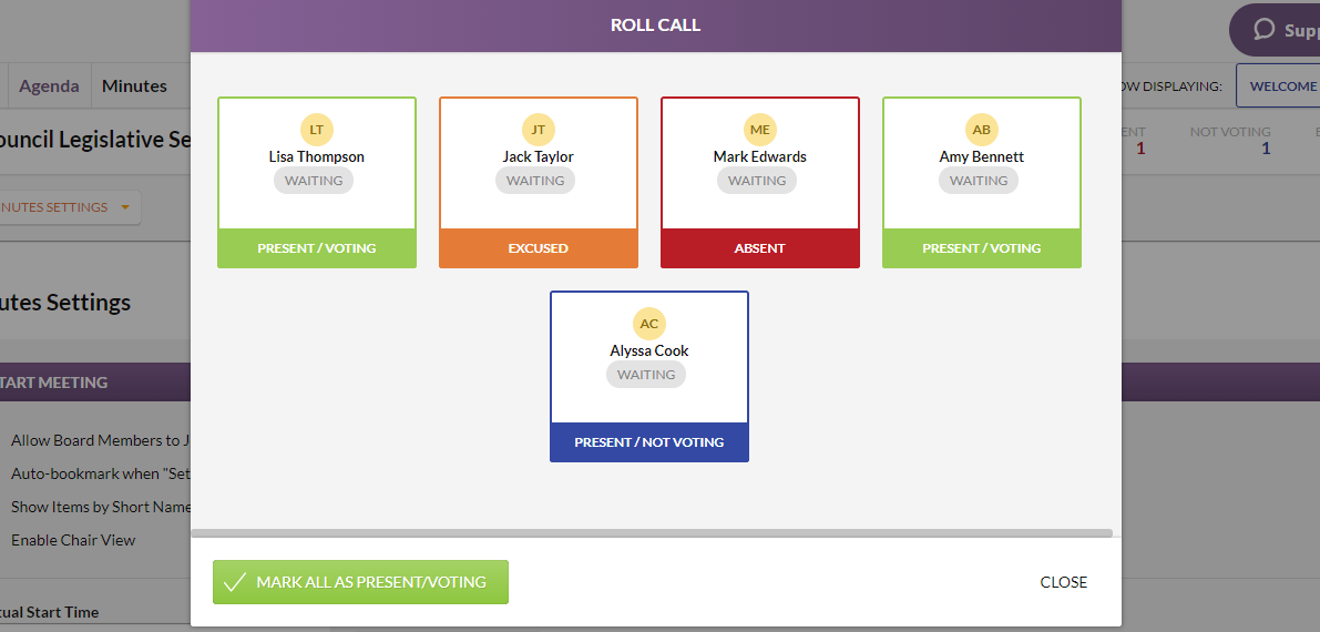 The member's list on the Roll Call modal.