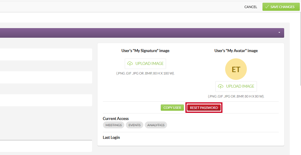 reset password button