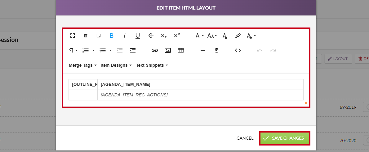 edit item hmtl layout text box and save changes button