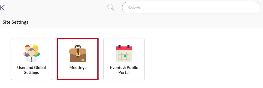The Meetings tile with a briefcase icon on the Site Settings page.