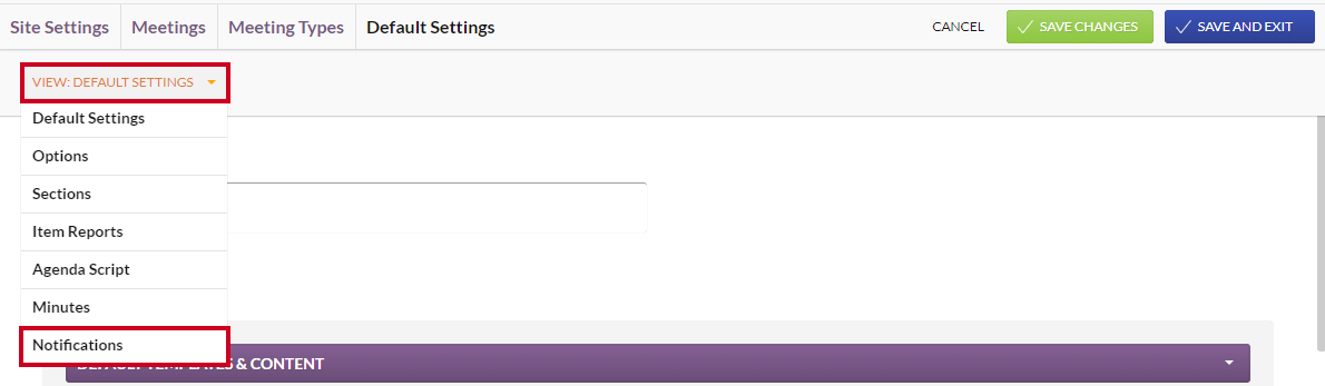 The View dropdown menu with the Notifications option highlighted.