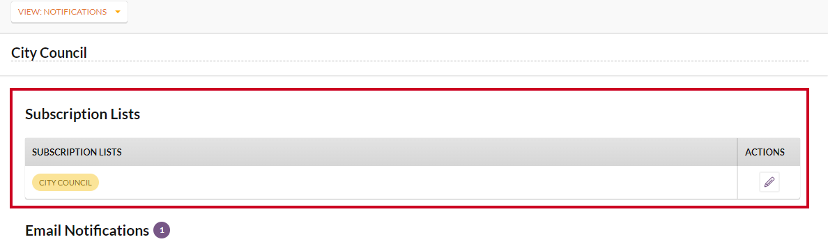The Subscription Lists section of the Notifications page.