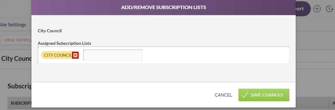 A red X icon next to the name of an example subscription list on the Add/Remove Subscription Lists window.